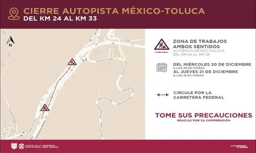 La México–Toluca estará cerrada el 20 y 21 de diciembre